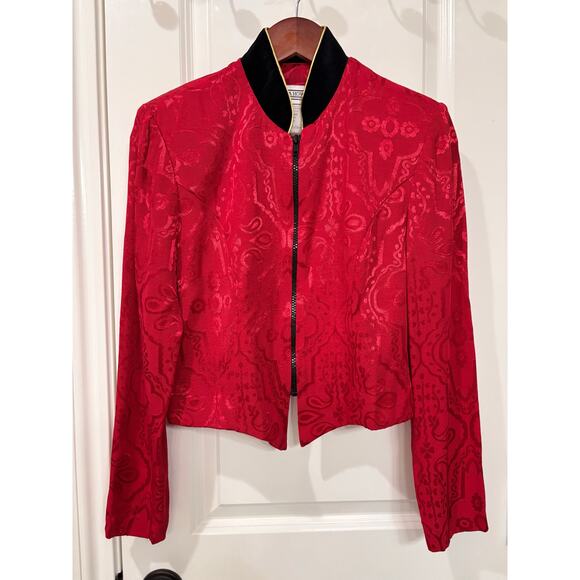 Jessica Howard 1980’s Women’s Red Damask Jacquard Zip Jacket Sz 6 - Picture 1 of 6